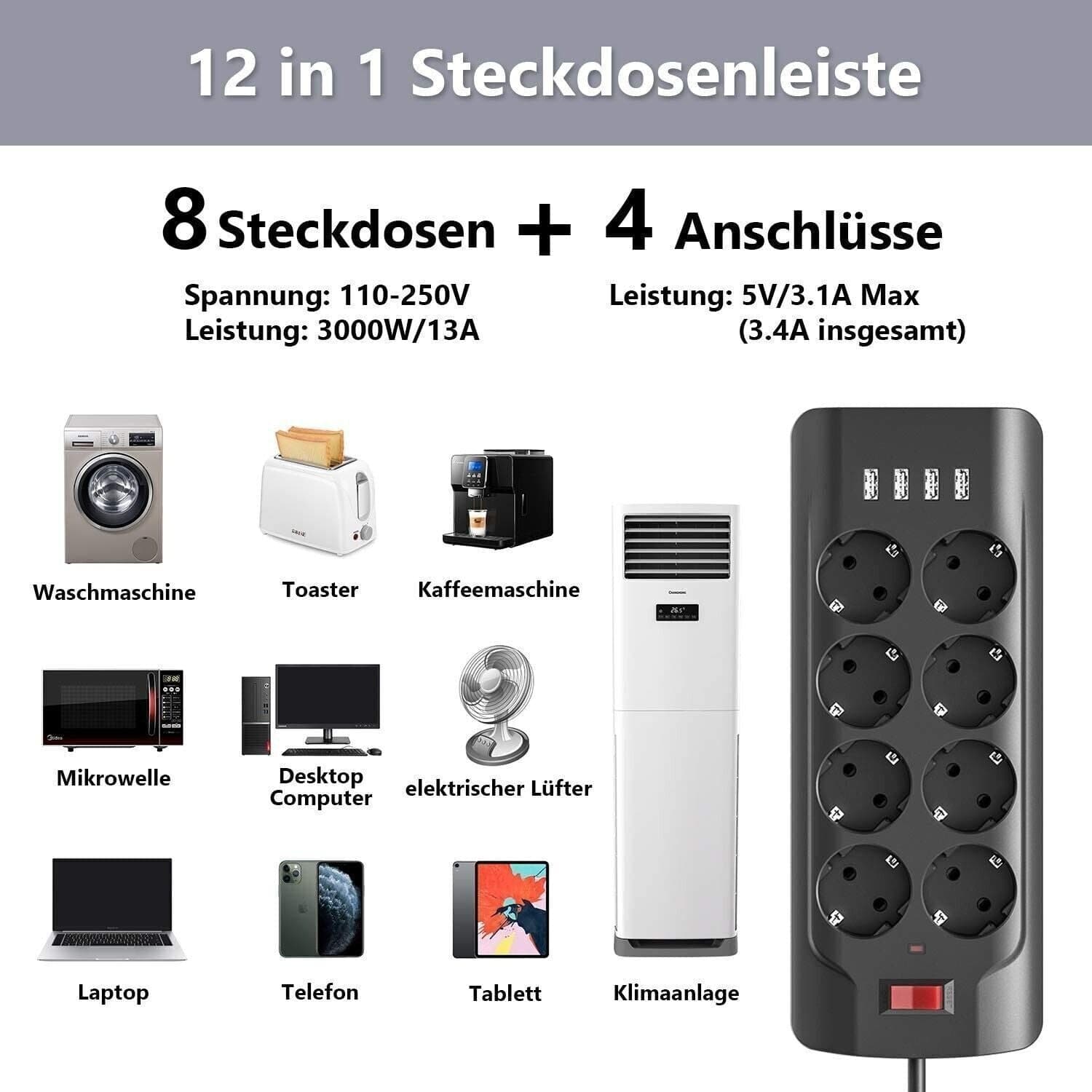 MiiKARE Ciabatta a 8 Prese con 4 Porte USB,Presa Multipla Protetta - 4