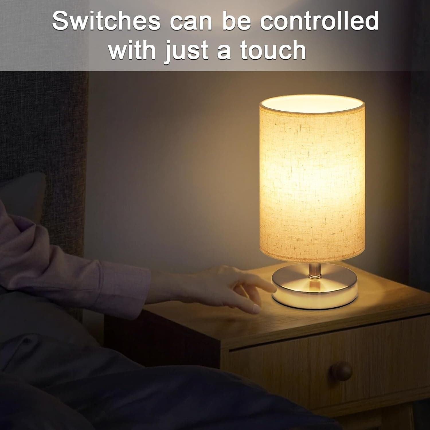 Lampada da comodino moderna a LED paralume in tessuto di lino beige lampada - 3