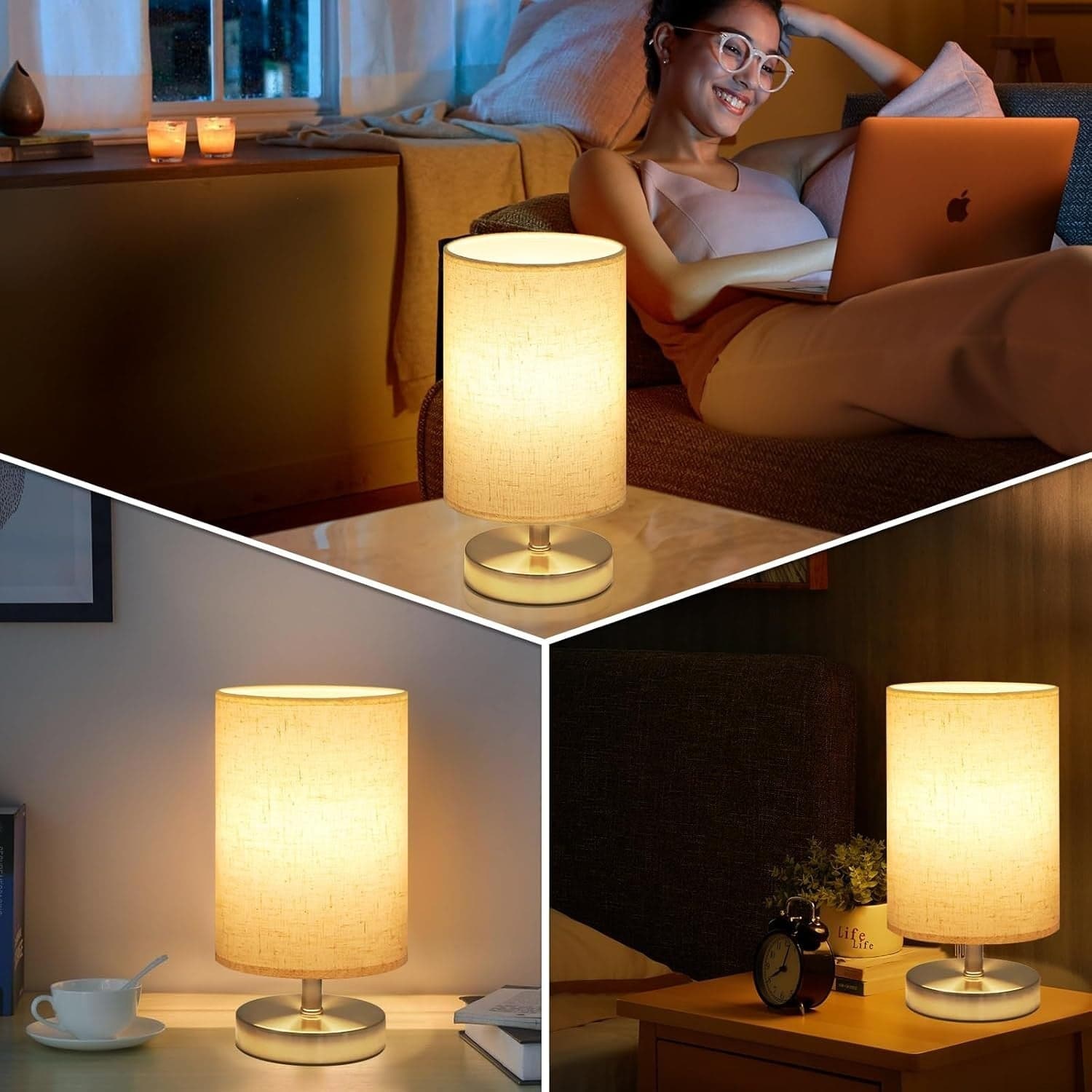 Lampada da comodino moderna a LED paralume in tessuto di lino beige lampada - 5