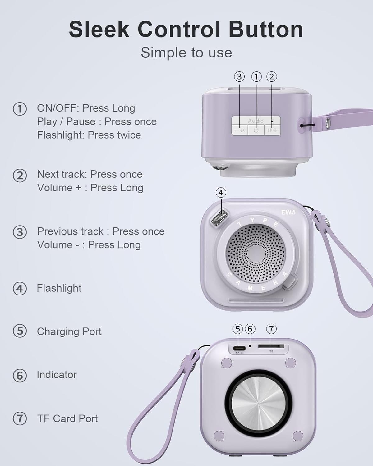 EWA Mini altoparlante wireless Bluetooth con cordino wireless portatile Viola - 6