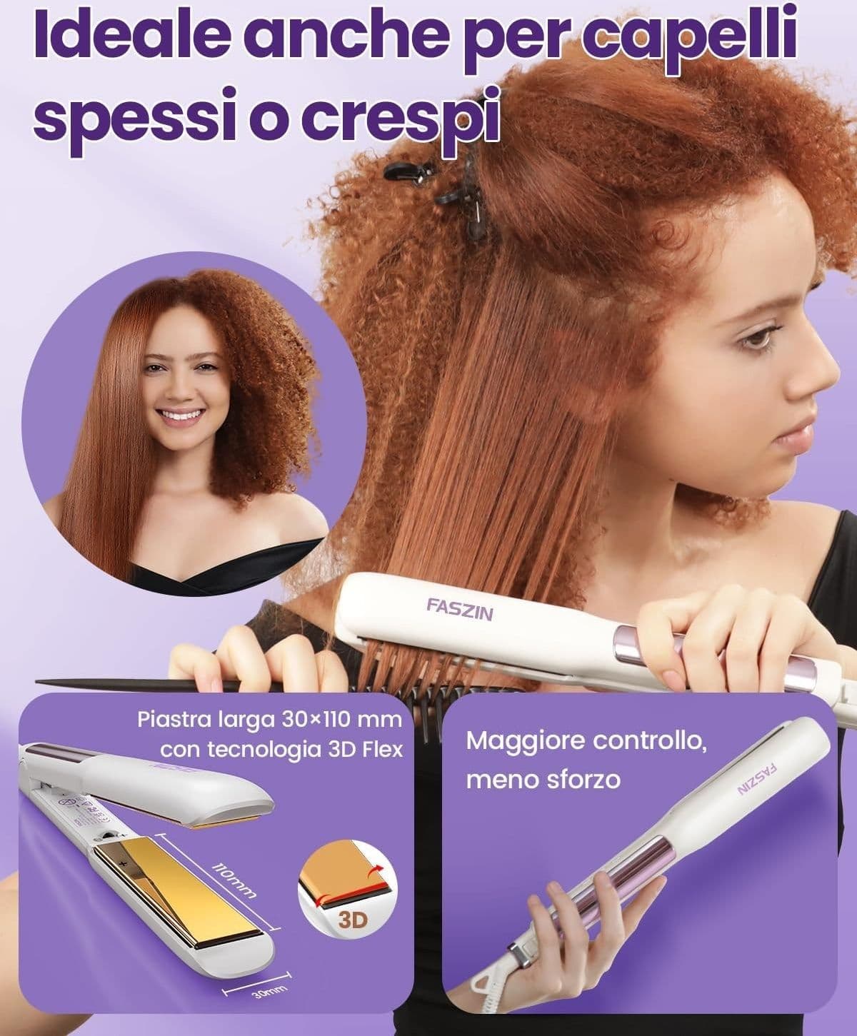 Faszin Piastra Capelli Professionale Stretta 2-in-1,Titanio Ionico,Display LCD - 6