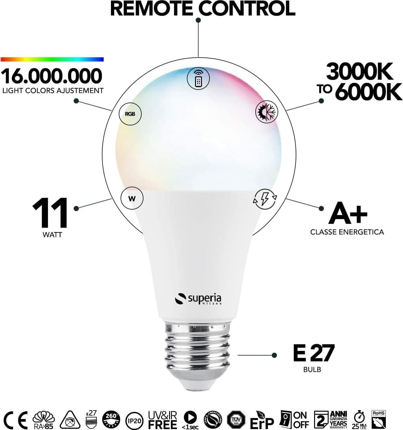 Superia Milano Lampadina SMART RGB + Bianco regolabile (2700K - 6500K) - 3