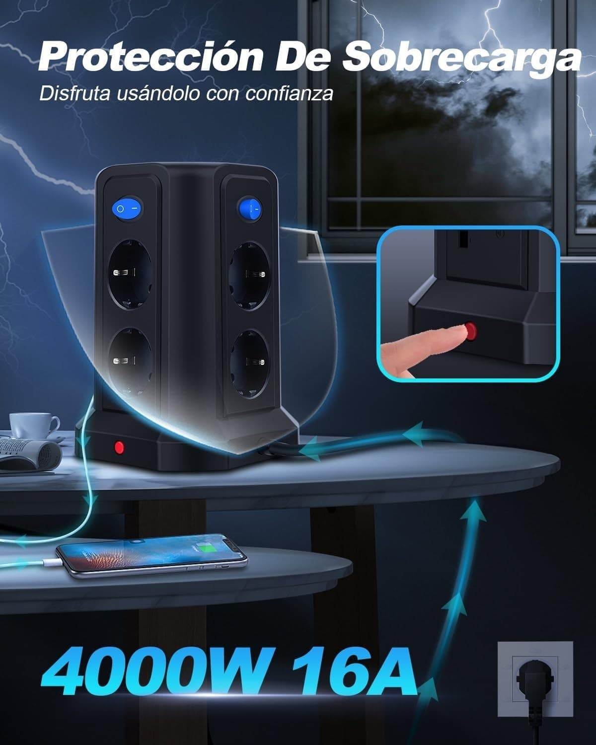 Multipresa 13 in 1 3 m con USB C PD 20 W ricarica rapida magnetica luce notturna - 2