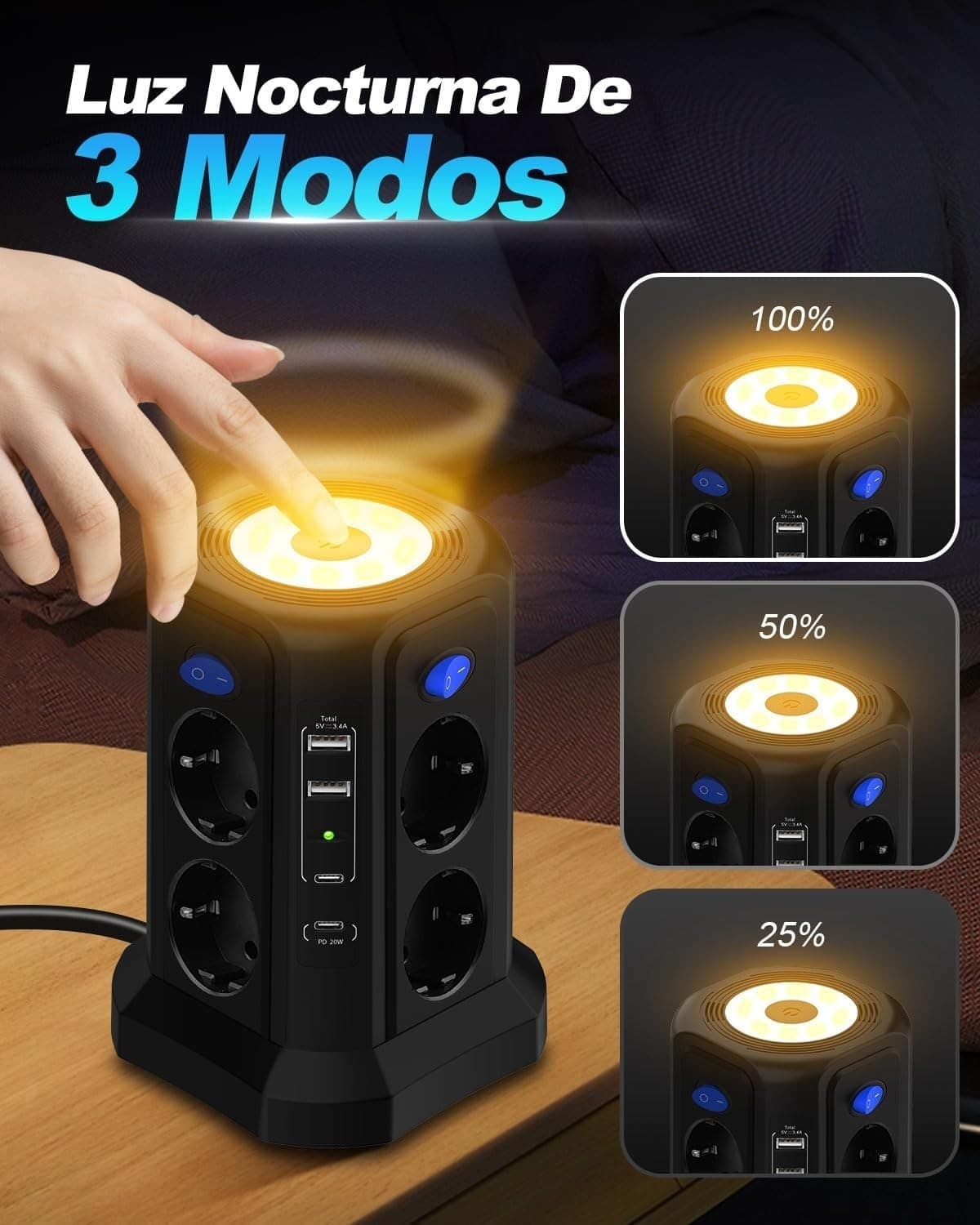 Multipresa 13 in 1 3 m con USB C PD 20 W ricarica rapida magnetica luce notturna - 3