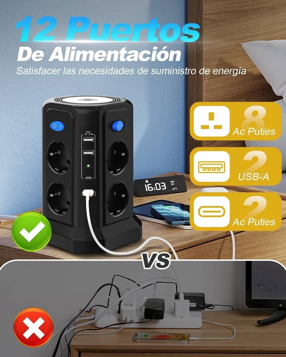 Multipresa 13 in 1 3 m con USB C PD 20 W ricarica rapida magnetica luce notturna - 4