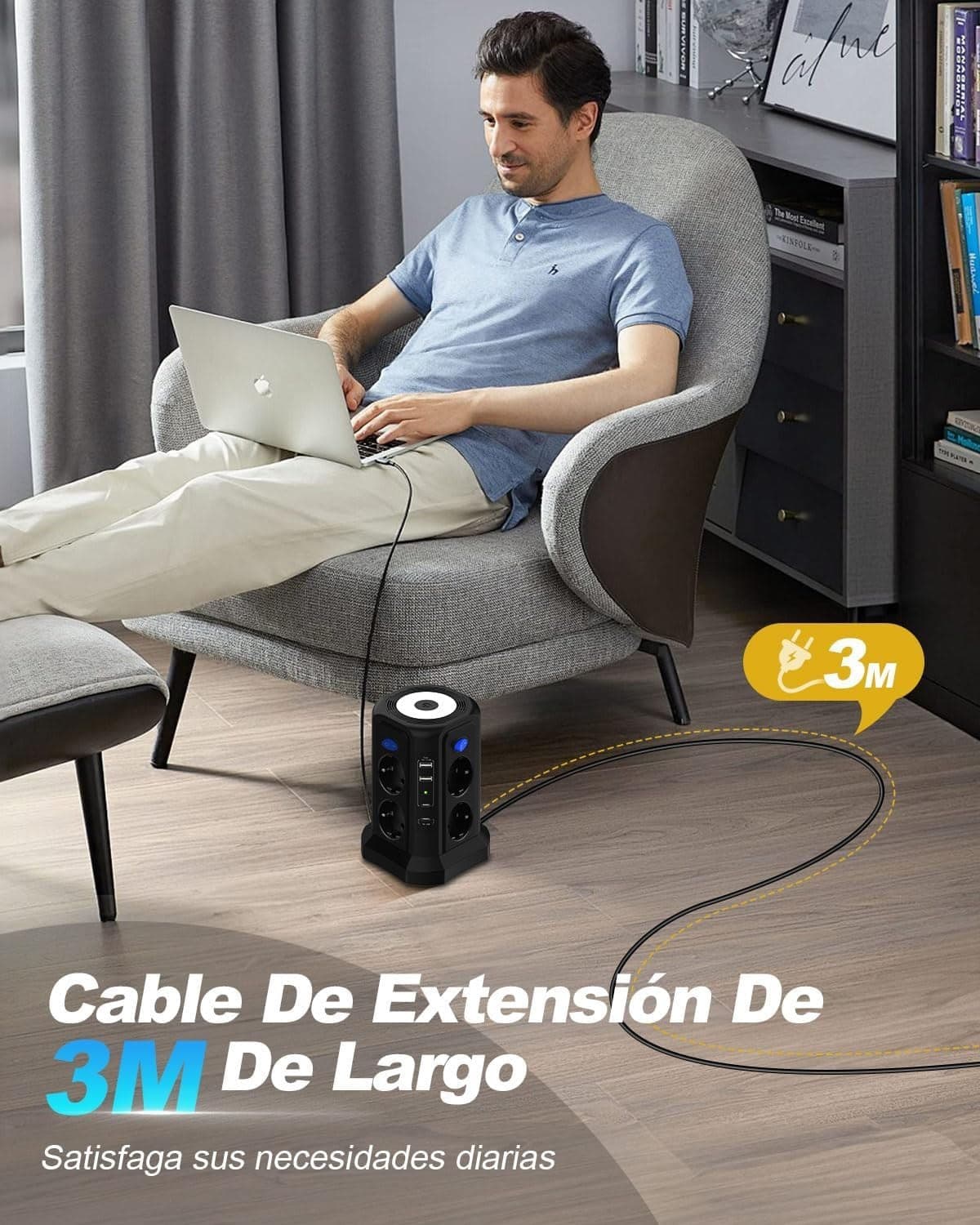 Multipresa Torre 8 Prese 4 USB USB-C PD 20W 4000W 16A Cavo 3m Luce LED - 5