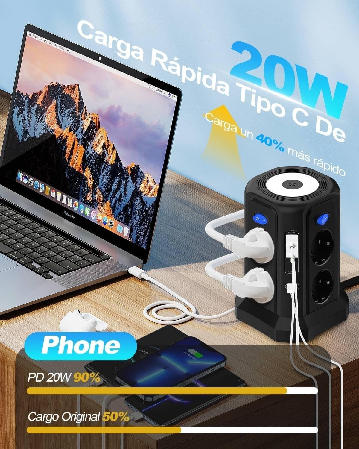 Multipresa 13 in 1 3 m con USB C PD 20 W ricarica rapida magnetica luce notturna - 5