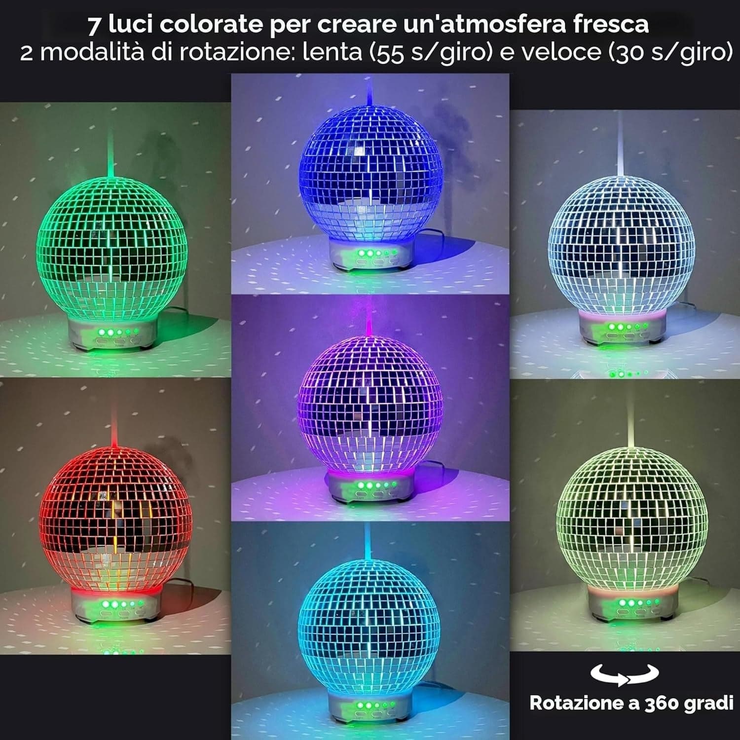 Diffusore Oli Essenziali Disco Ball Rotante Ultrasuoni LED 7 Colori Timer 90 ML - 4