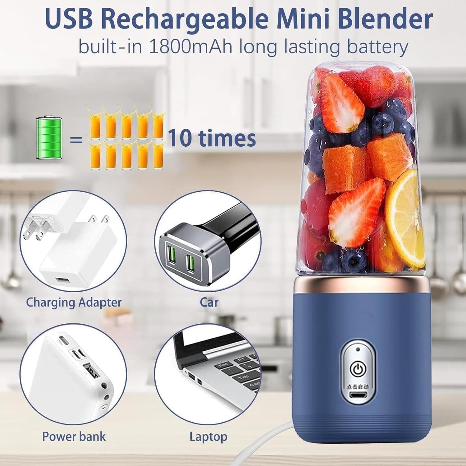 Frullatore Portatile USB 400ml Smoothie 6 Lame Ricaricabile Viaggio - 6
