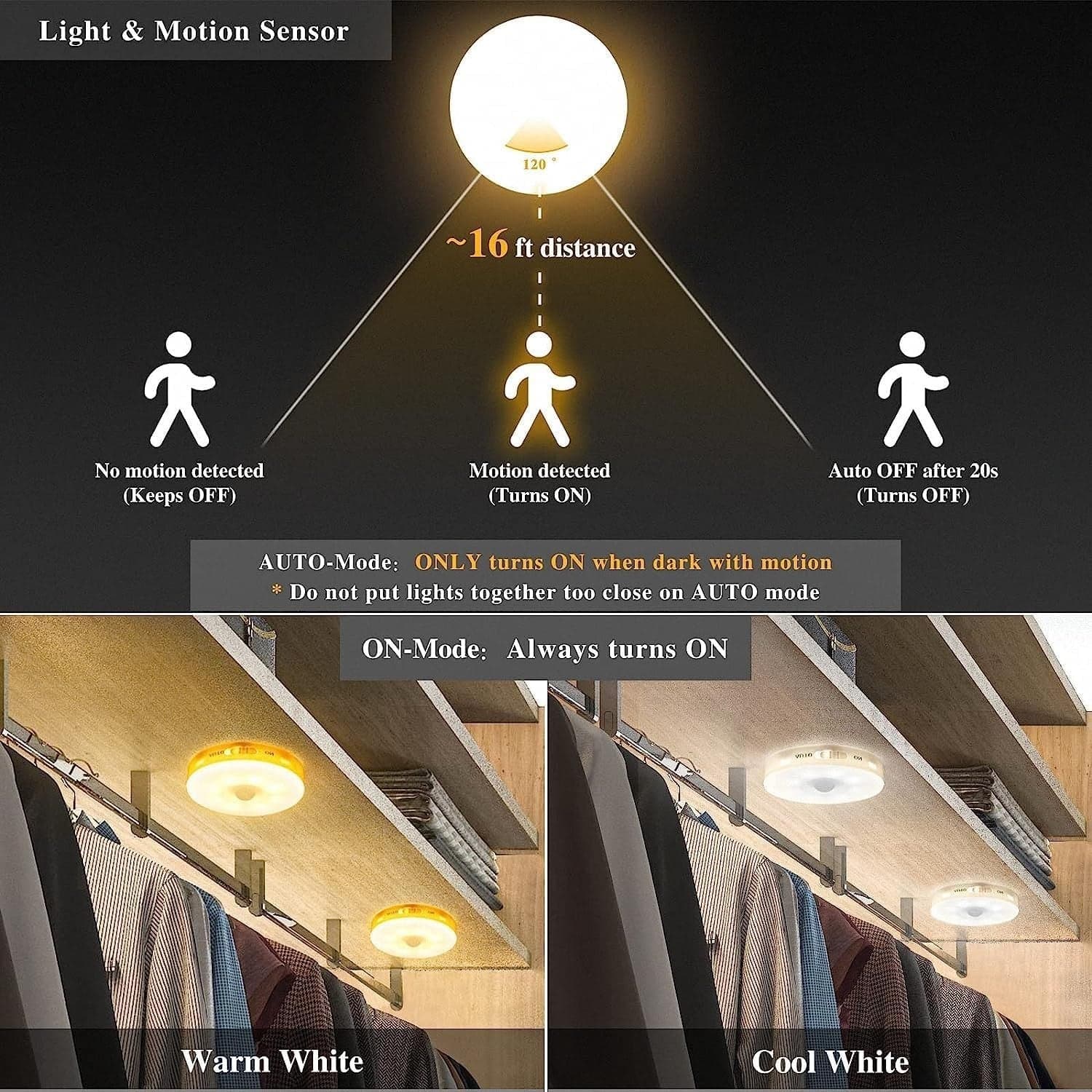 Luce Armadio 12 LED Sensore Movimento Ricaricabile Magnetica Calda Fredda 3Pz - 10
