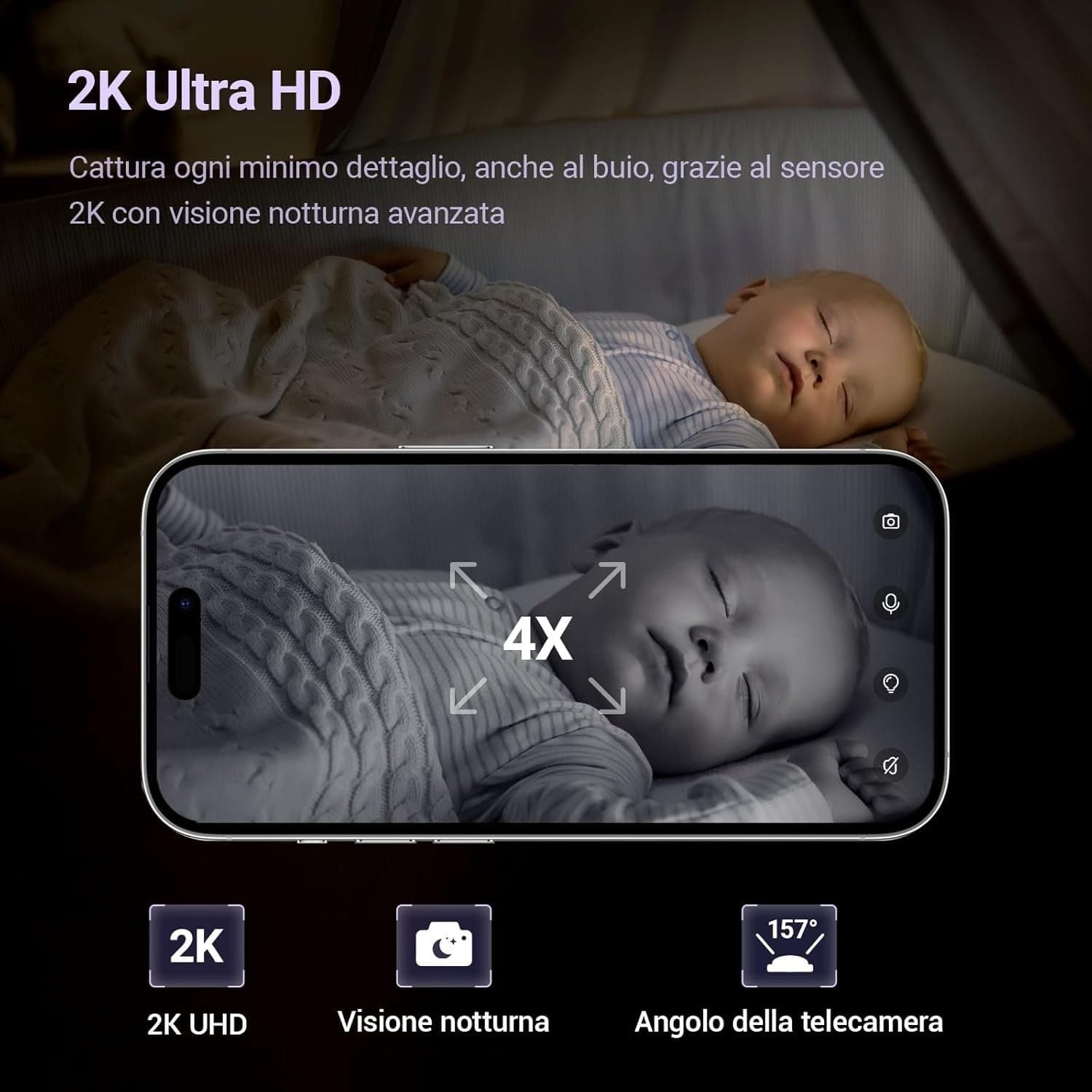 Baby Monitor 2K WiFi AI Telecamera Culla Pianto Visione Notturna Audio 2 Vie - 4