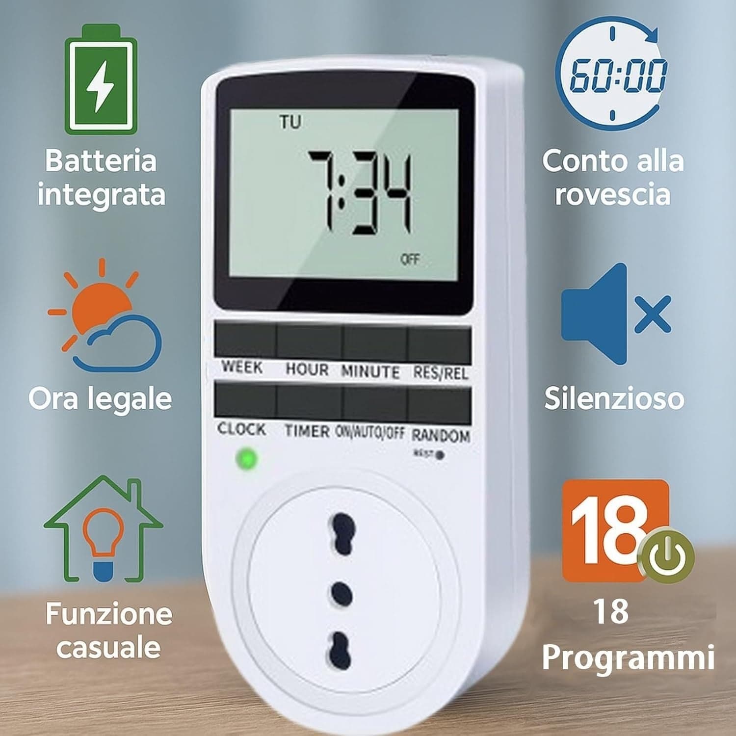 Prese Timer Digitali 2 Programmabili 18 Programmi 16A 3680W LCD Random Casa Luci - 4