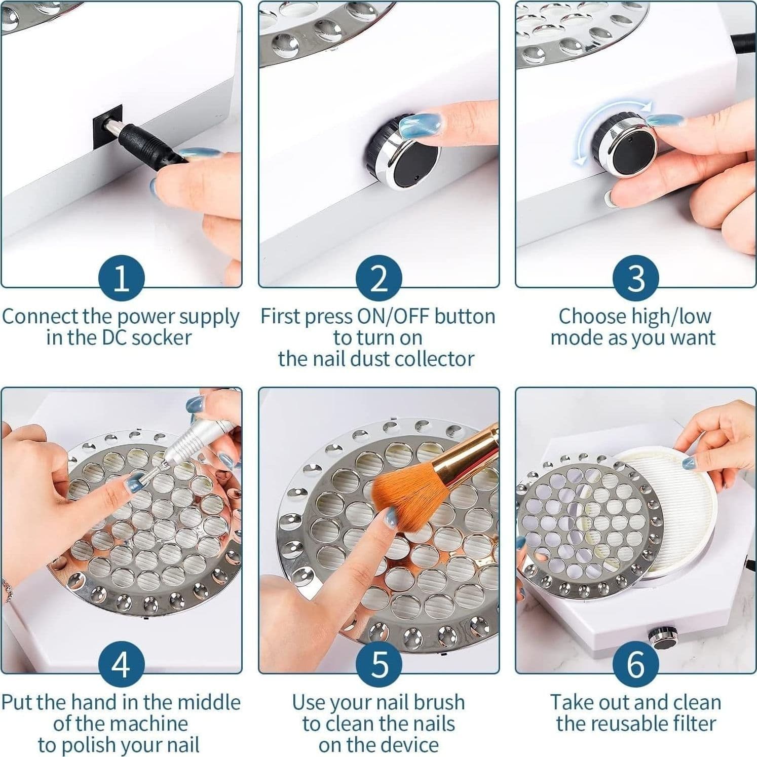 Aspiratore Unghie Professionale 80W Polveri Nail Art Manicure Filtro Bianco - 7