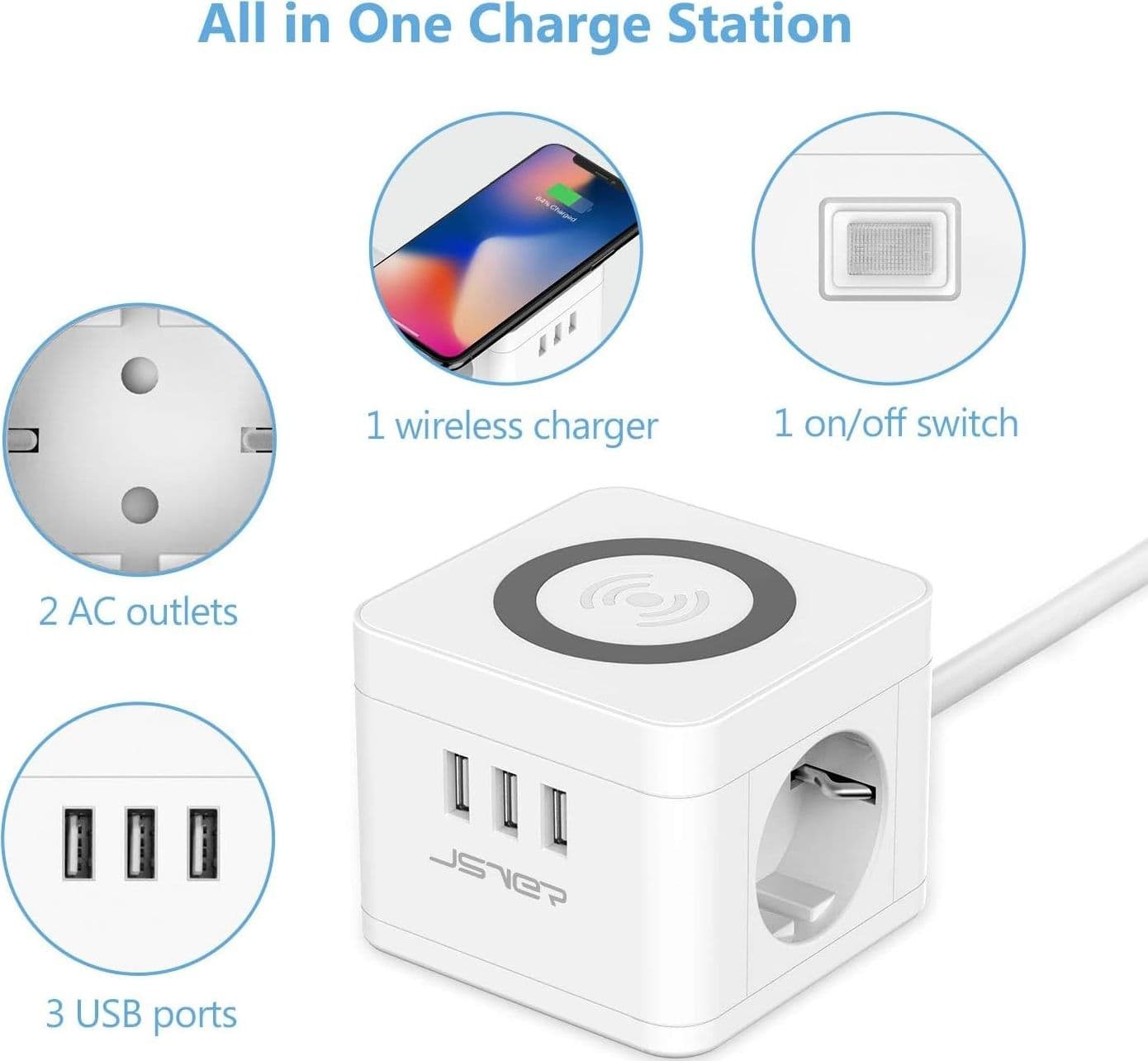 Multipresa Cubo Wireless Qi 10W 2 Prese 3 USB Cavo 1,5m - 2