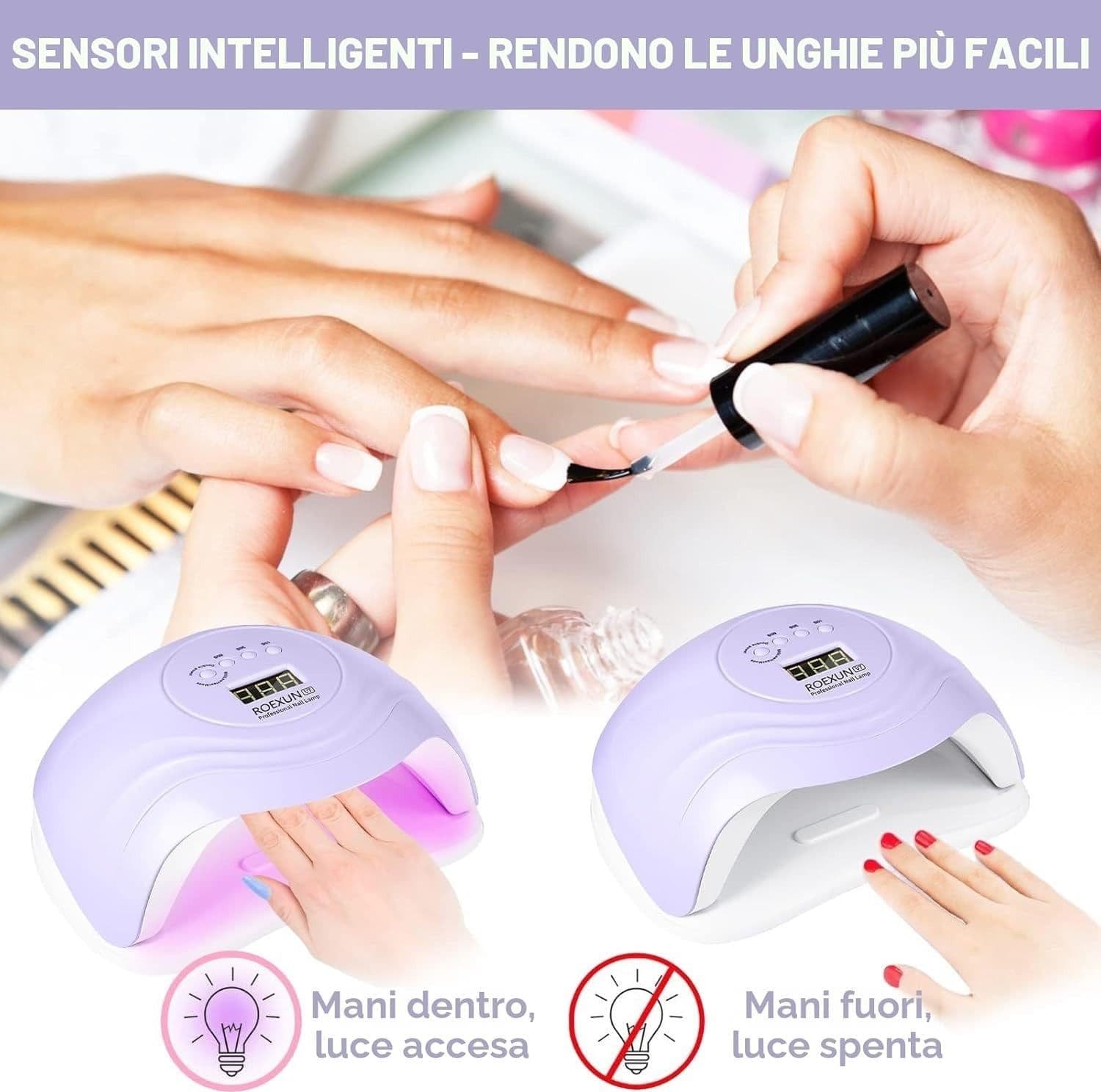 Lampada Unghie UV LED 168W 36 LED 4 Timer Sensore Gel Semipermanente Viola Piedi - 5