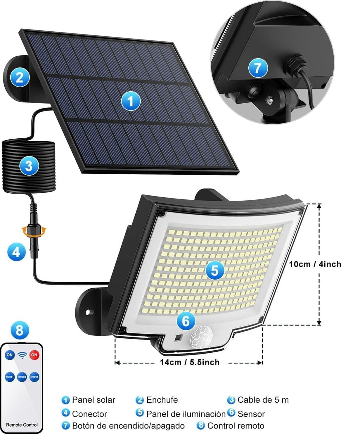 Lampada Solare LED Esterno 228LED IP65 Sensore PIR Movimento Telecomando Cavo 5m - 2