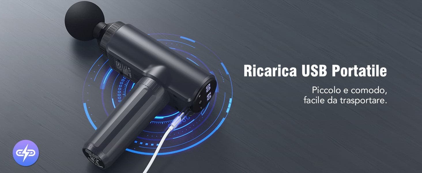 Pistola Massaggio Muscolare 30 Livelli 6 Testine LCD USB-C Silenziosa Blu Dolore - 12