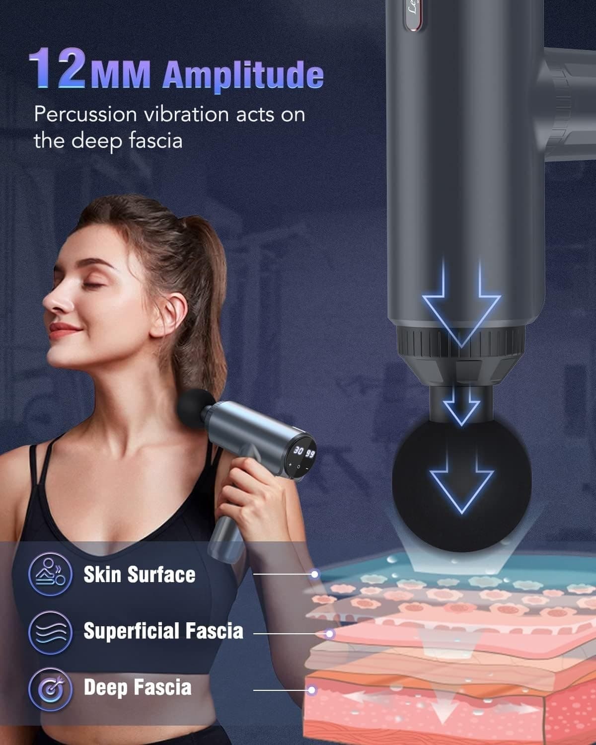 Pistola Massaggio Muscolare 30 Livelli 6 Testine LCD USB-C Silenziosa Blu Dolore - 4