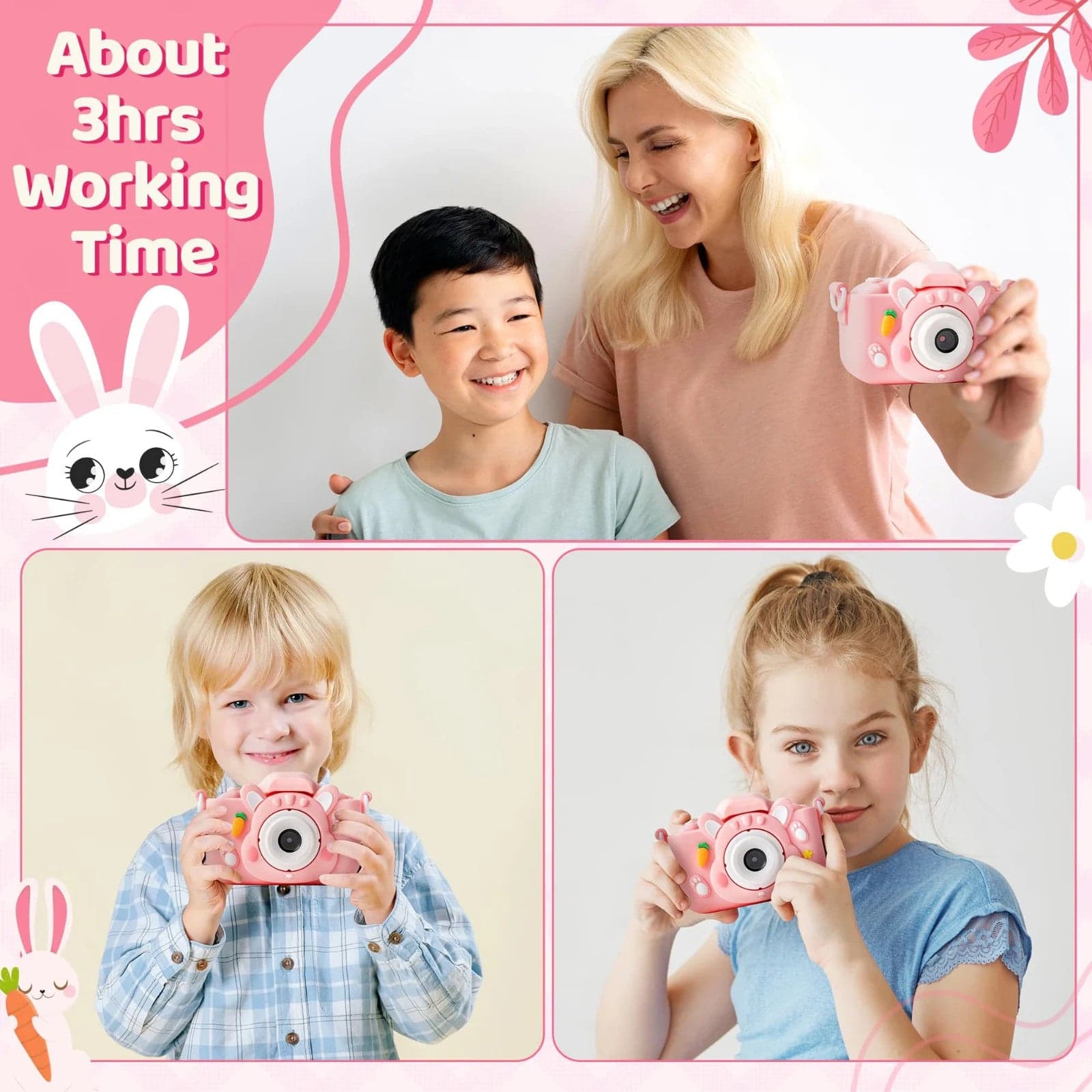 Fotocamera Bambini 48MP 1080P Rosa Doppia Lente Selfie Zoom 8X Giochi - 2