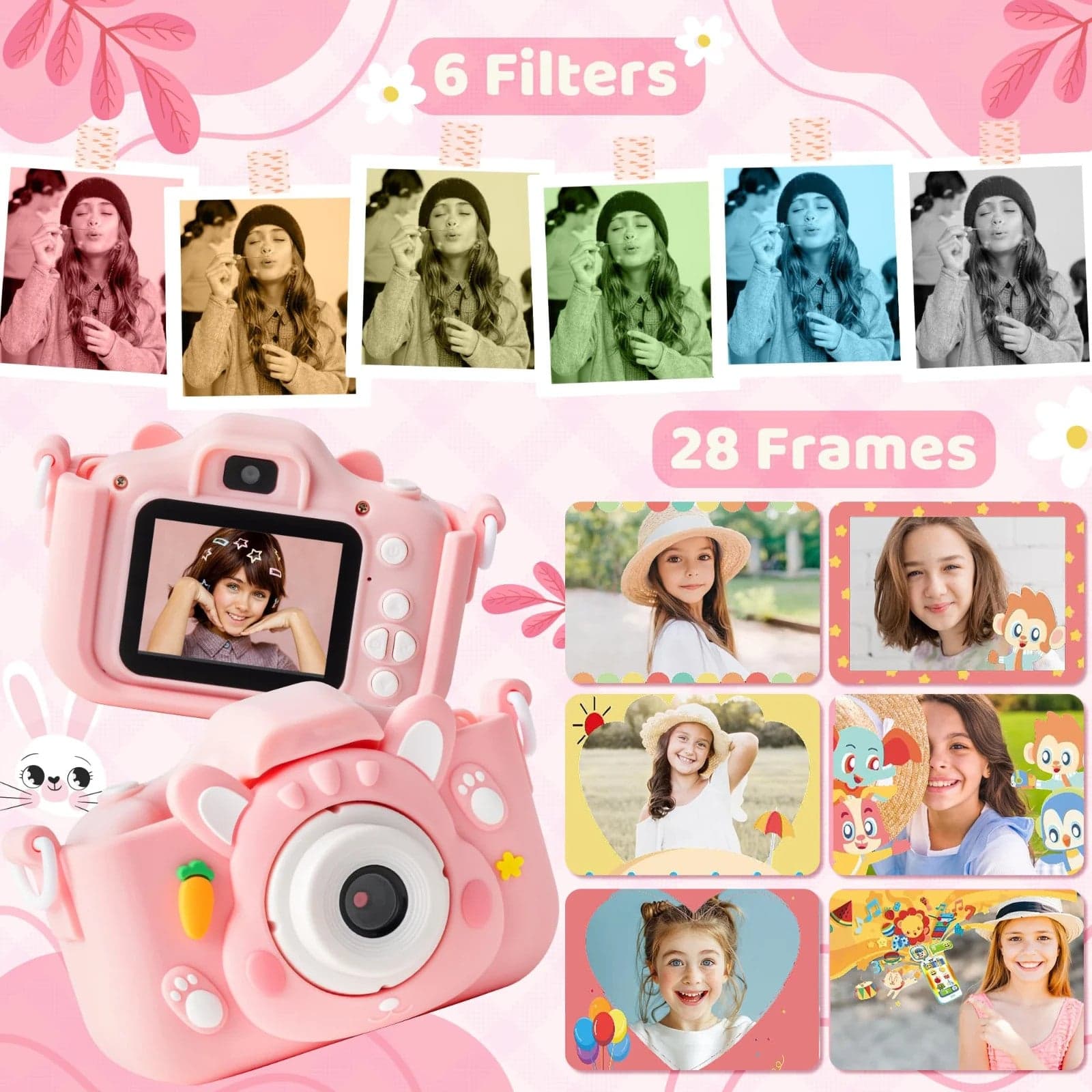 Fotocamera Bambini 48MP 1080P Rosa Doppia Lente Selfie Zoom 8X Giochi - 3
