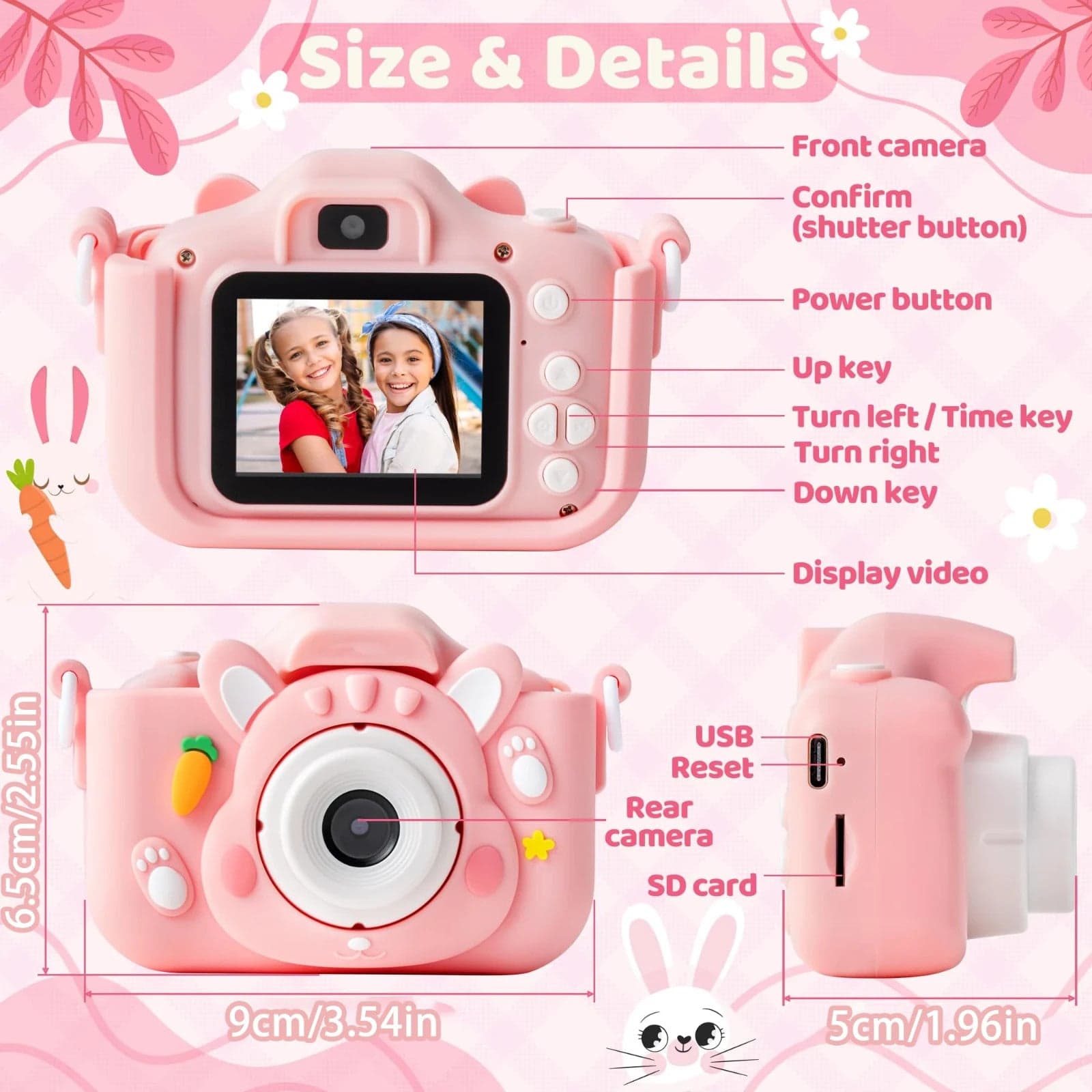 Fotocamera Bambini 48MP 1080P Rosa Doppia Lente Selfie Zoom 8X Giochi - 4