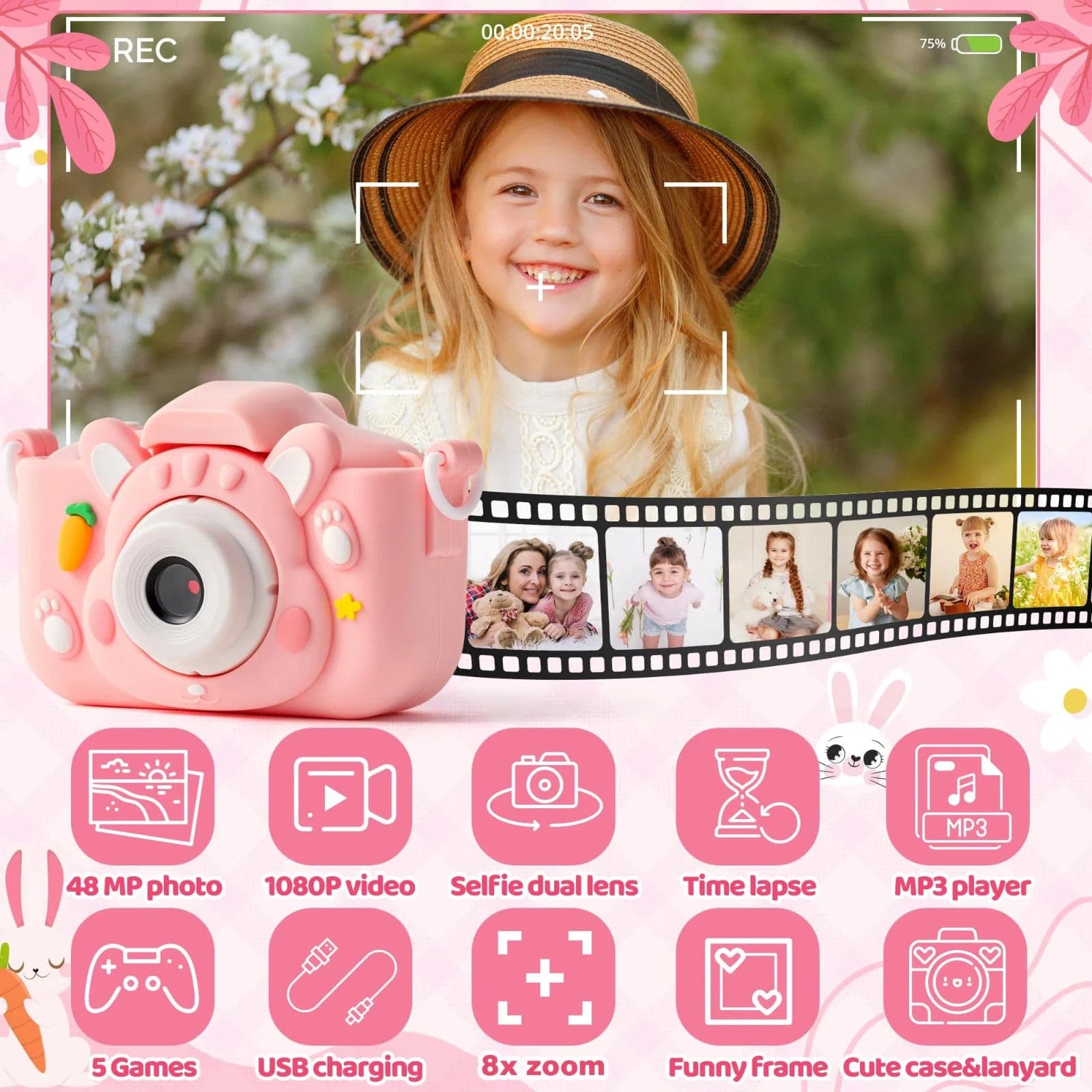 Fotocamera Bambini 48MP 1080P Rosa Doppia Lente Selfie Zoom 8X Giochi - 5