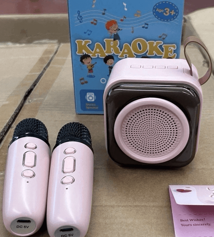 Karaoke Bambini 2 Microfoni Senza Fili Luci LED Cambio Voce Rosa USB 2600mAh 8cm - 2