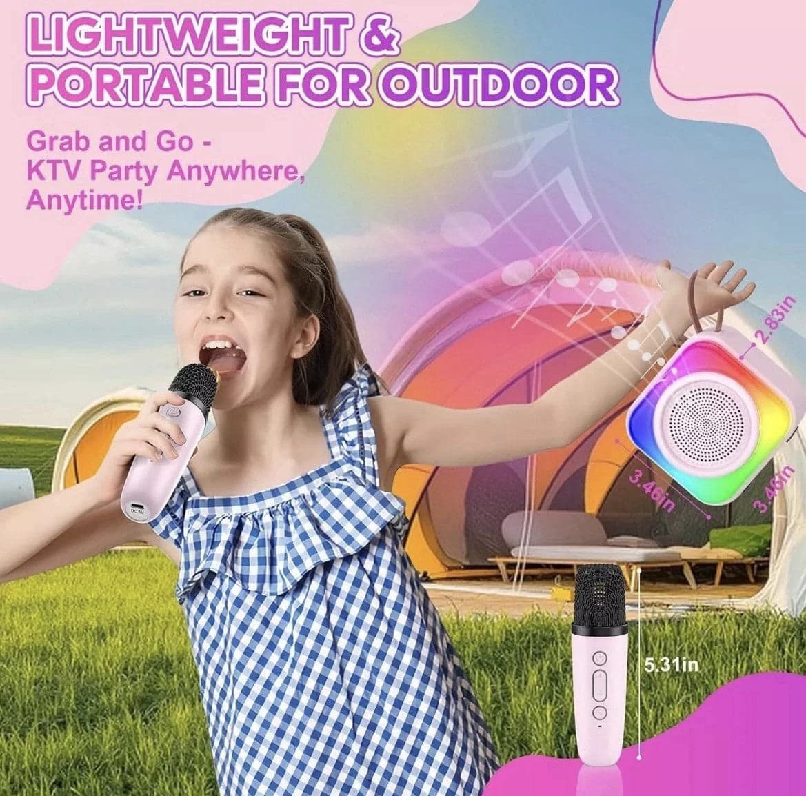 Karaoke Bambini 2 Microfoni Senza Fili Luci LED Cambio Voce Rosa USB 2600mAh 8cm - 17