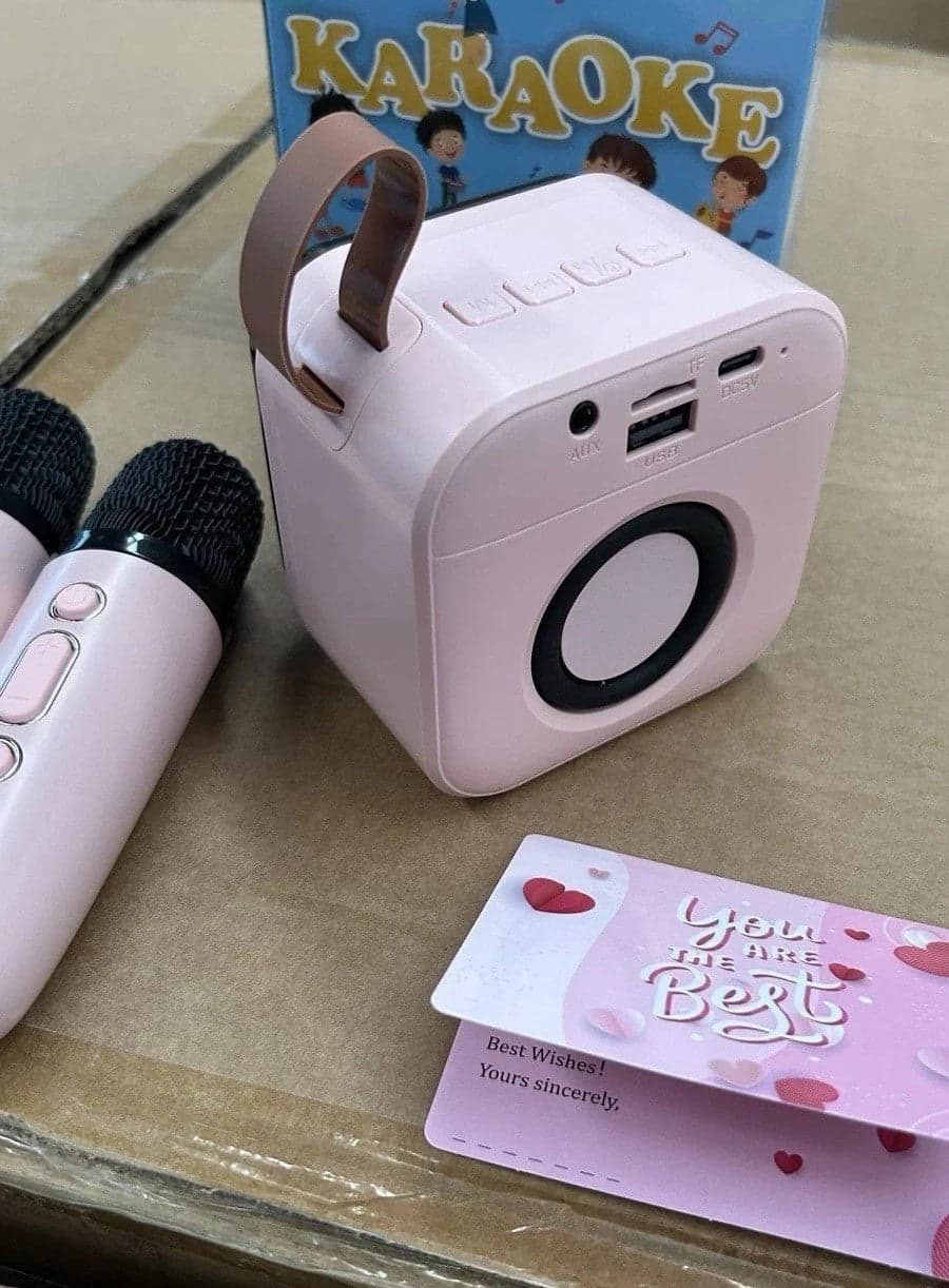 Karaoke Bambini 2 Microfoni Senza Fili Luci LED Cambio Voce Rosa USB 2600mAh 8cm - 3