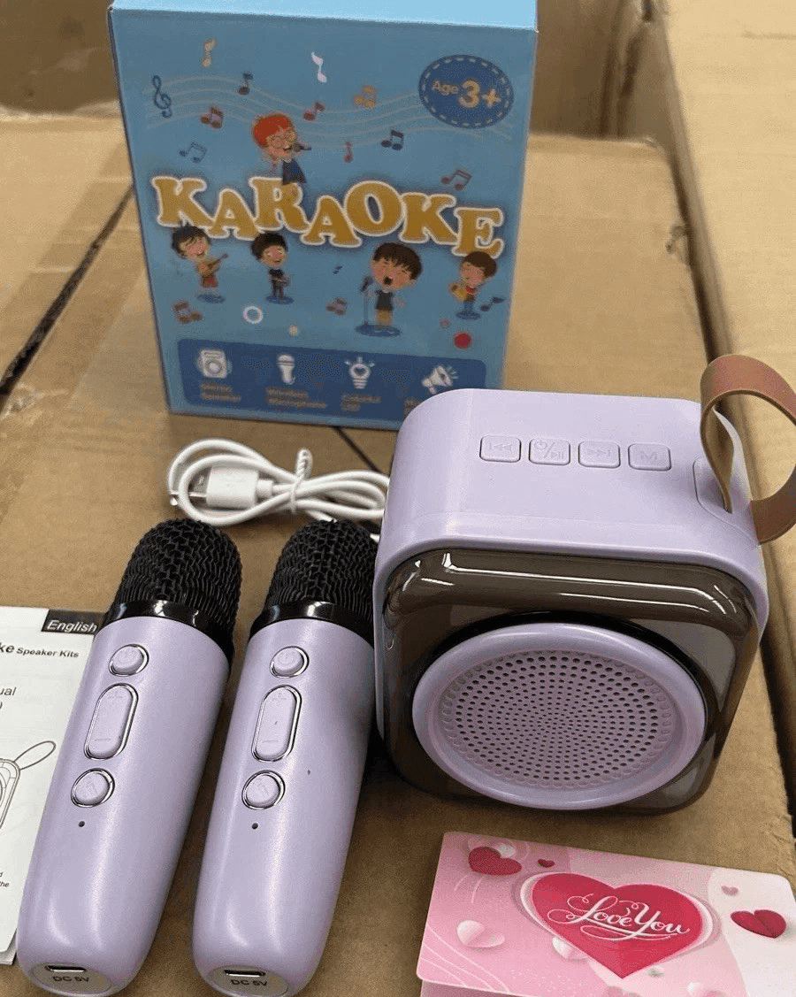 Karaoke Bambini 2 Microfoni Senza Fili Luci LED Cambio Voce Rosa USB 2600mAh 8cm - 5