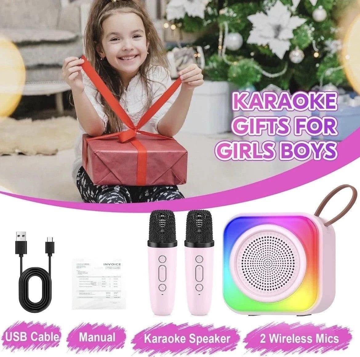 Karaoke Bambini 2 Microfoni Senza Fili Luci LED Cambio Voce Rosa USB 2600mAh 8cm - 13