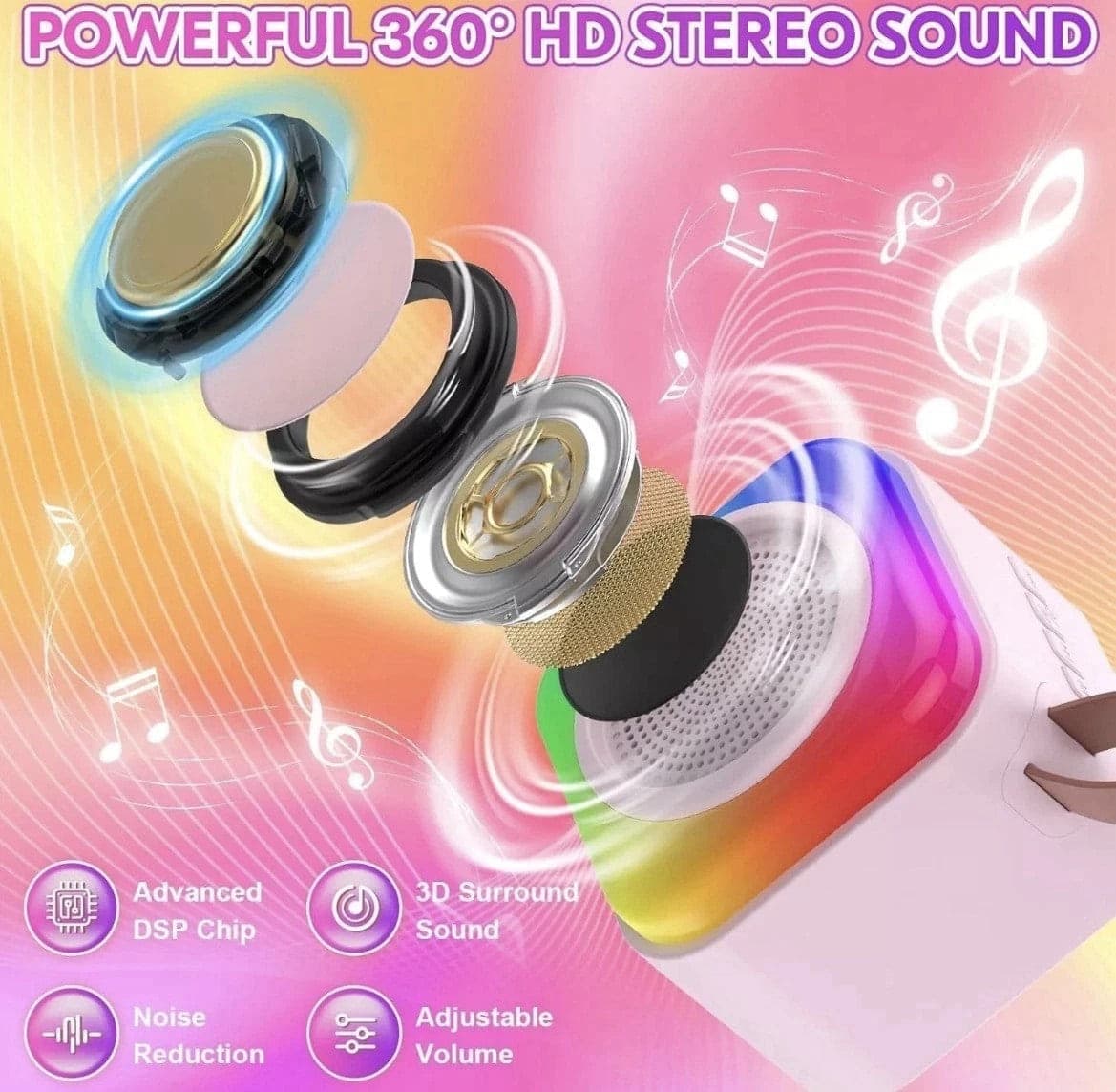 Karaoke Bambini 2 Microfoni Senza Fili Luci LED Cambio Voce Rosa USB 2600mAh 8cm - 14