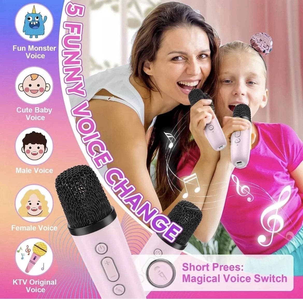 Karaoke Bambini 2 Microfoni Senza Fili Luci LED Cambio Voce Rosa USB 2600mAh 8cm - 15