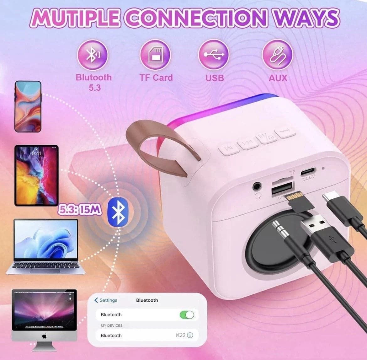 Karaoke Bambini 2 Microfoni Senza Fili Luci LED Cambio Voce Rosa USB 2600mAh 8cm - 16