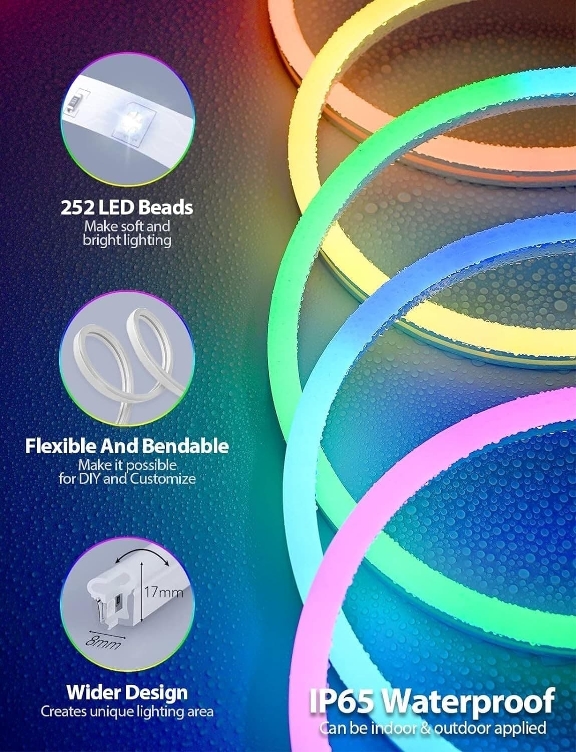 Striscia LED Neon RGBIC 5M 24V Bluetooth App Telecomando IP67 Musica Esterno RGB - 7