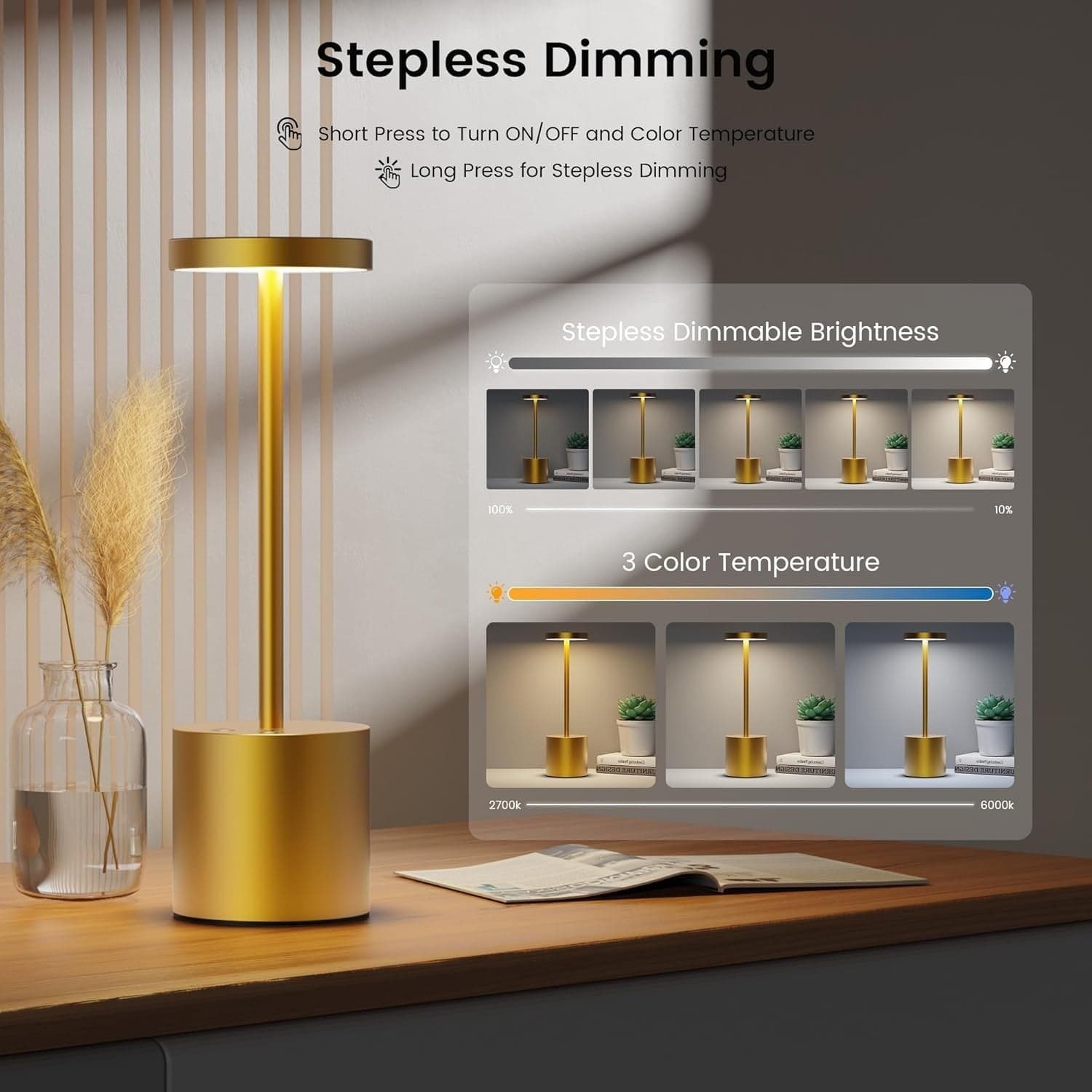 Set 2 Lampade Tavolo LED Ricaricabili 5000mAh Senza Fili Dimmer Oro Alluminio 5V - 9