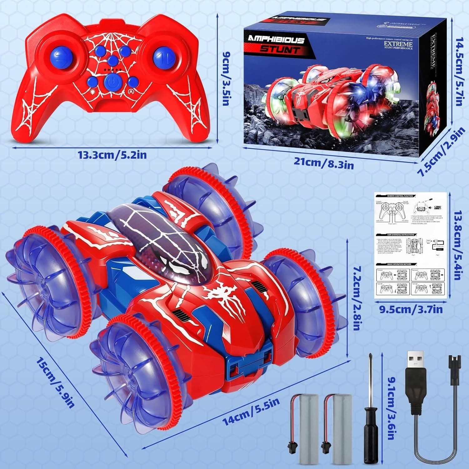 Auto RC Anfibia 360 Luci LED 2.4GHz 4x4 2 Batterie Bambini Acqua Terra Rosso Blu - 2