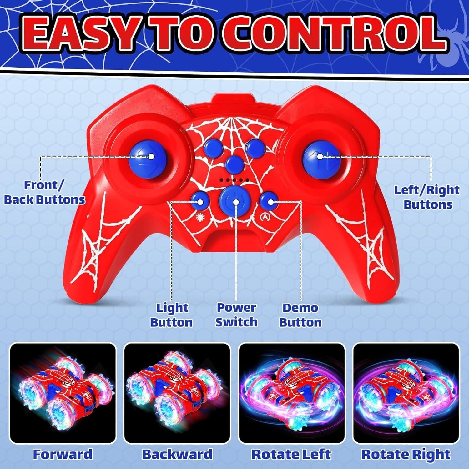 Auto RC Anfibia 360 Luci LED 2.4GHz 4x4 2 Batterie Bambini Acqua Terra Rosso Blu - 3