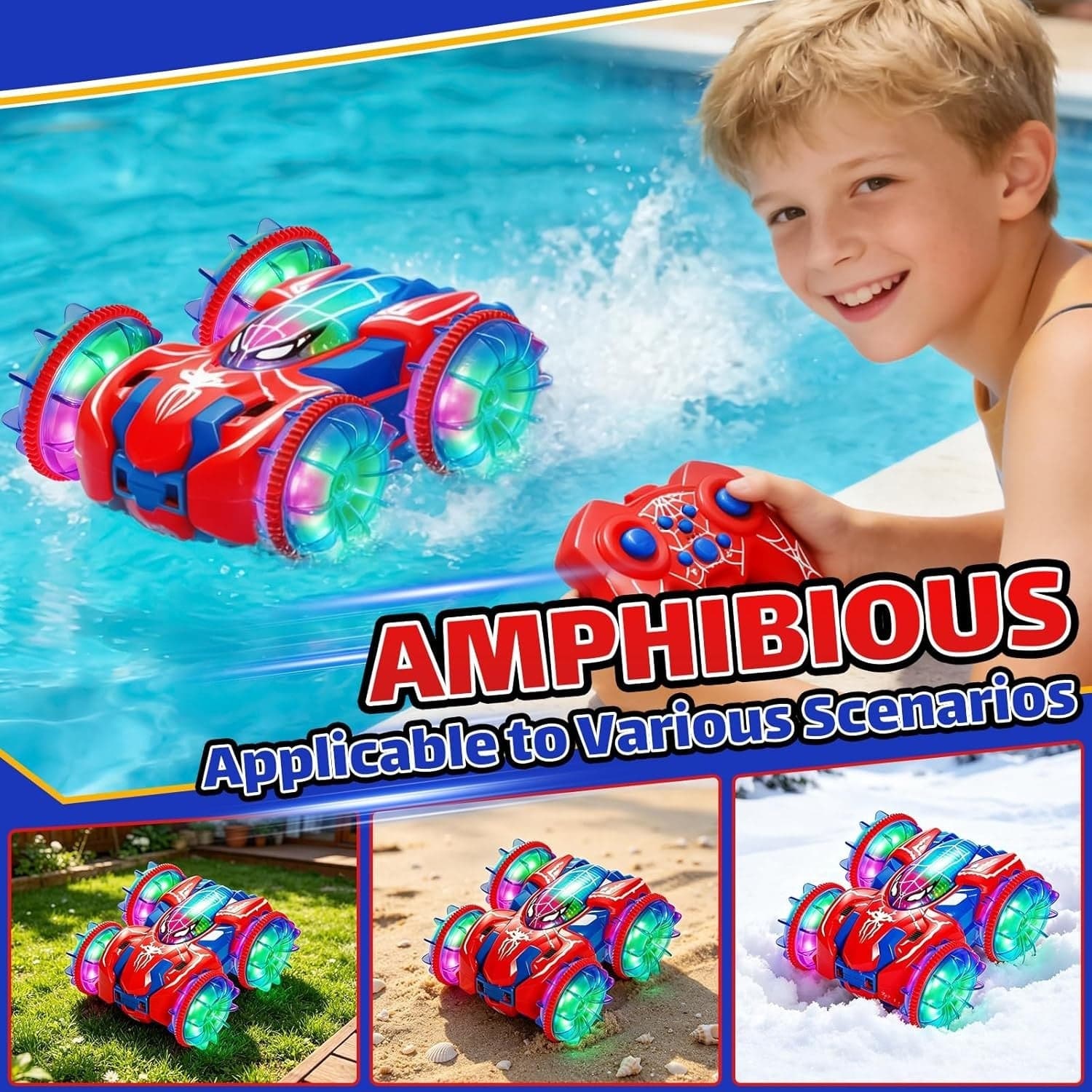 Auto RC Anfibia 360 Luci LED 2.4GHz 4x4 2 Batterie Bambini Acqua Terra Rosso Blu - 4