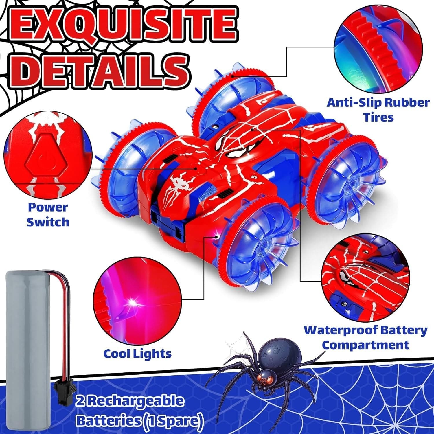 Auto RC Anfibia 360 Luci LED 2.4GHz 4x4 2 Batterie Bambini Acqua Terra Rosso Blu - 5