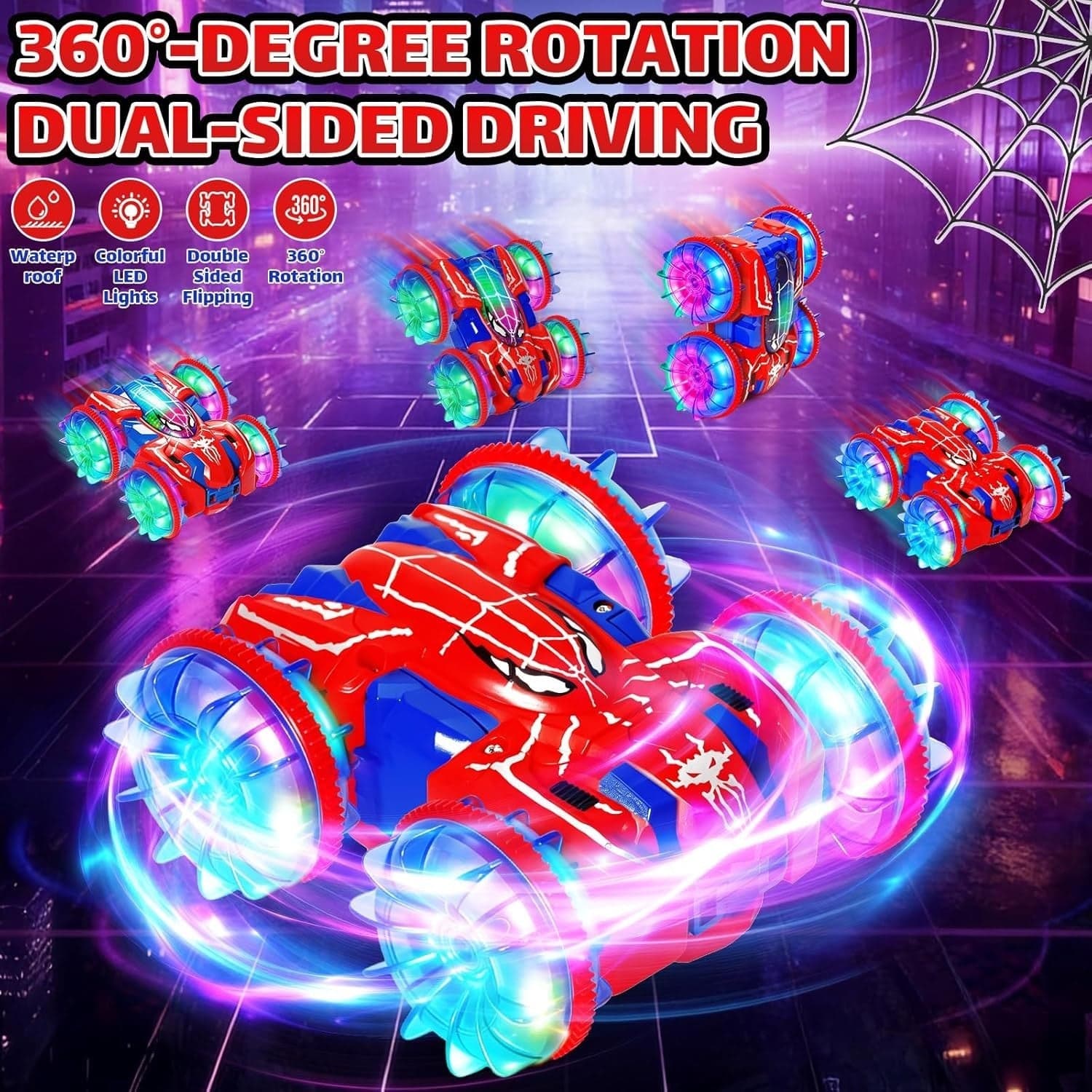 Auto RC Anfibia 360 Luci LED 2.4GHz 4x4 2 Batterie Bambini Acqua Terra Rosso Blu - 8