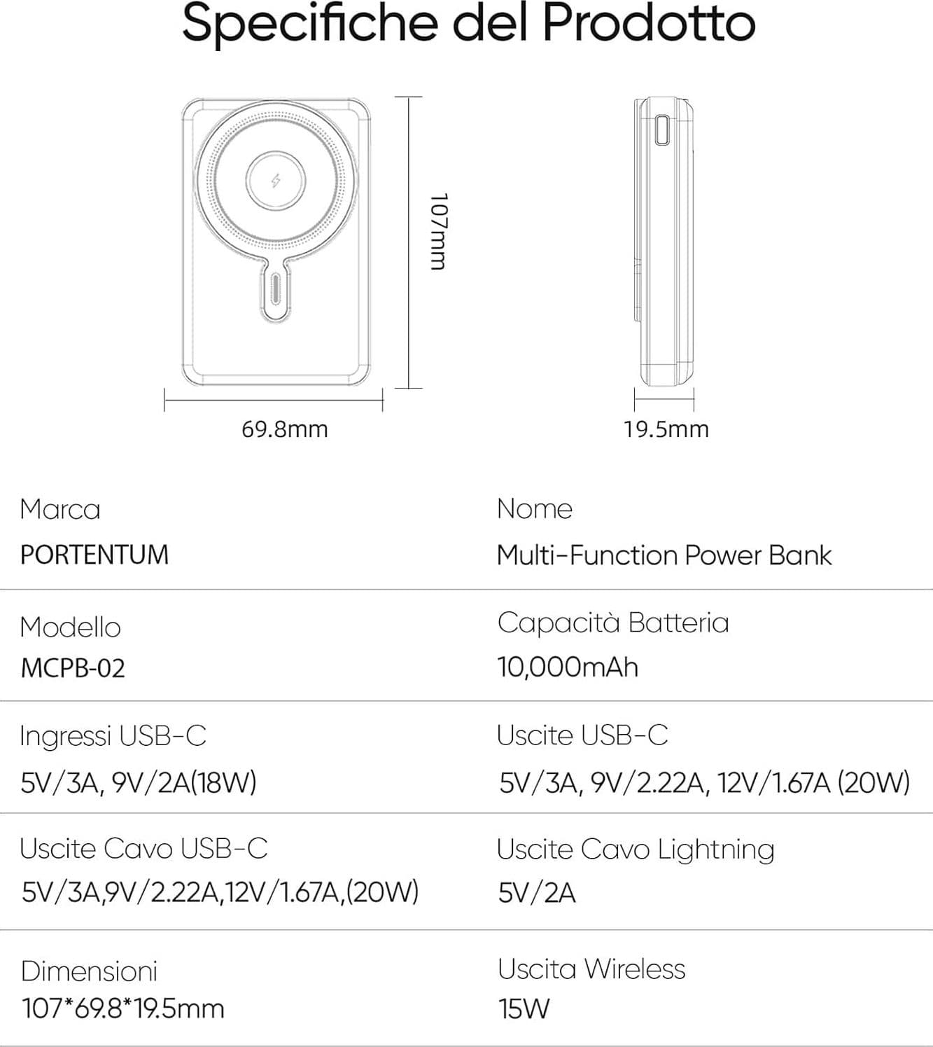 Power Bank MagSafe 10000mAh 5in1 20W Qi 15W USB-C per Apple Watch - 3