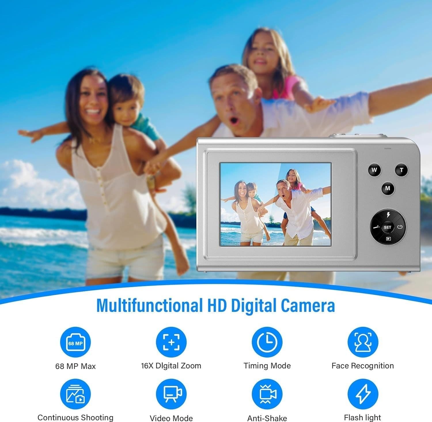 Fotocamera Digitale 68MP 4K 16X 64GB 2 Batterie Argento Compatta Vlog Studenti - 2