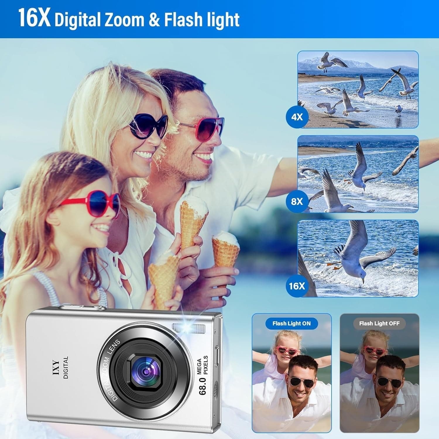 Fotocamera Digitale 68MP 4K 16X 64GB 2 Batterie Argento Compatta Vlog Studenti - 6