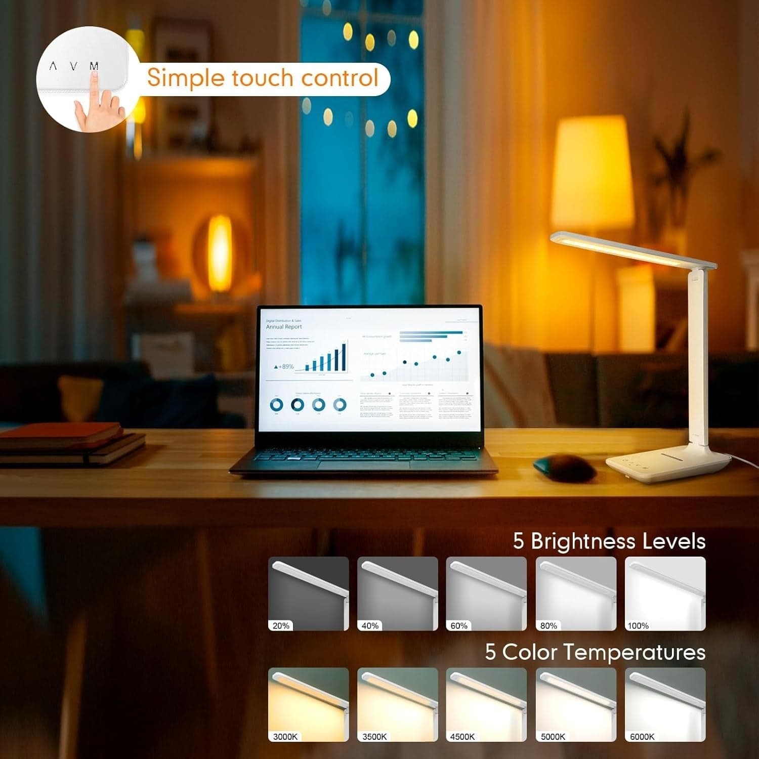 Lampada Scrivania LED Dimmerabile Pieghevole USB Ricarica Wireless Touch Bianca - 2