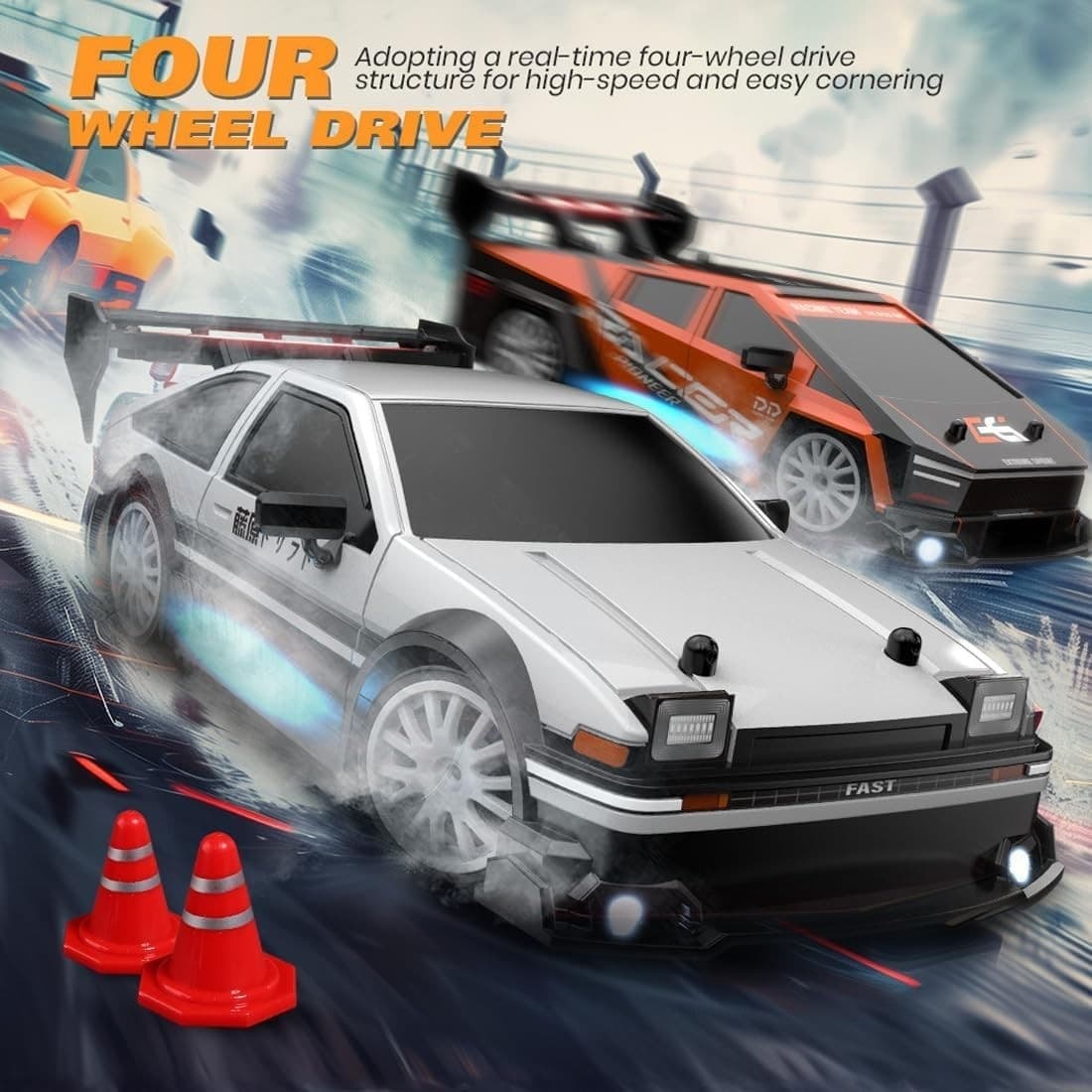 Auto Telecomandata RC Drift 1:24 4WD 30KM/H 2.4GHz LED 3 Batterie Regalo Ragazzi - 7