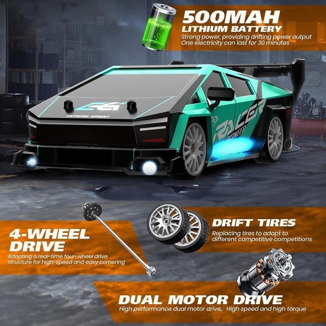Auto Telecomandata RC Drift 1:24 4WD 30KM/H 2.4GHz LED 3 Batterie Regalo Ragazzi - 8