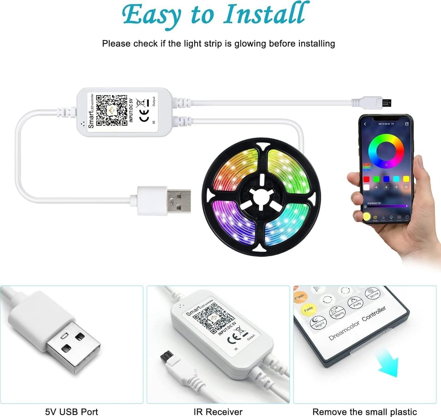 Striscia LED RGB 5M USB 5V Bluetooth App Telecomando TV Camera Feste Natale Casa - 7