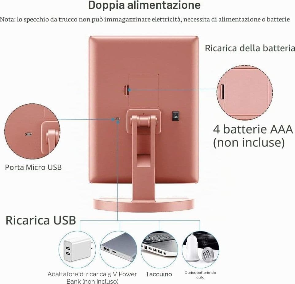 Specchio Trucco LED 21 Luci Touch 1X 2X 3X Pieghevole Oro Rosa USB Da Tavolo ABS - 2
