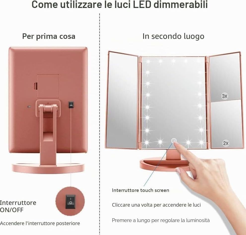 Specchio Trucco LED 21 Luci Touch 1X 2X 3X Pieghevole Oro Rosa USB Da Tavolo ABS - 3